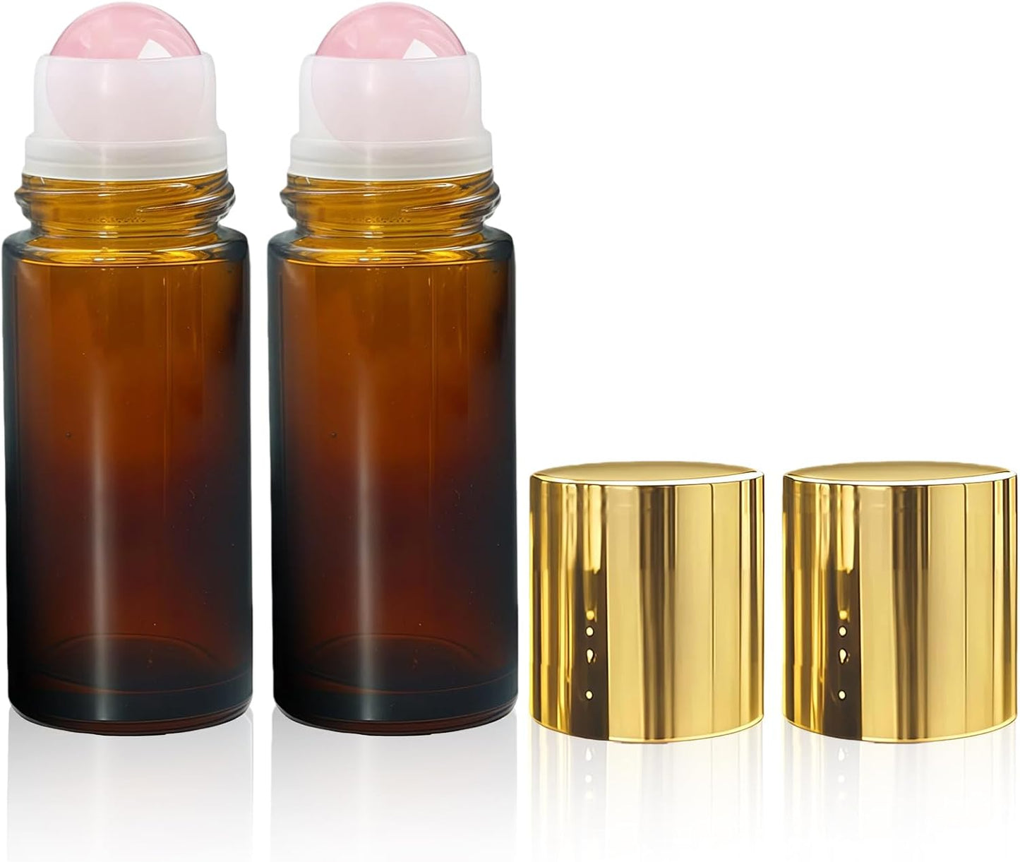 Rose Quartz Roller Bottles - 50ml Refillable Amber Glass | Leak-Proof Essential Oil Travel Containers with Natural Crystal Balls