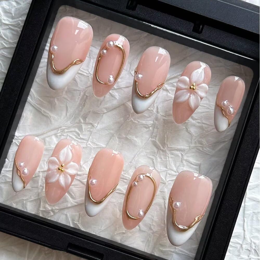Press On Almond Nails - Handmade 3D Design, Thick Acrylic Gel | Reusable DIY Artificial Nails for Women (10 Pieces)
