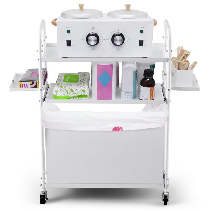 DaisyInner Foldable Waxing Cart Trolley with Wheels 3 Tier Rolling Esthetician Wax Cart with Dirt Bucket and Pull out Tray, 12"L x 26"W x 37"H, Wax Tool Storage Station for Beauty Salon Spa Massage