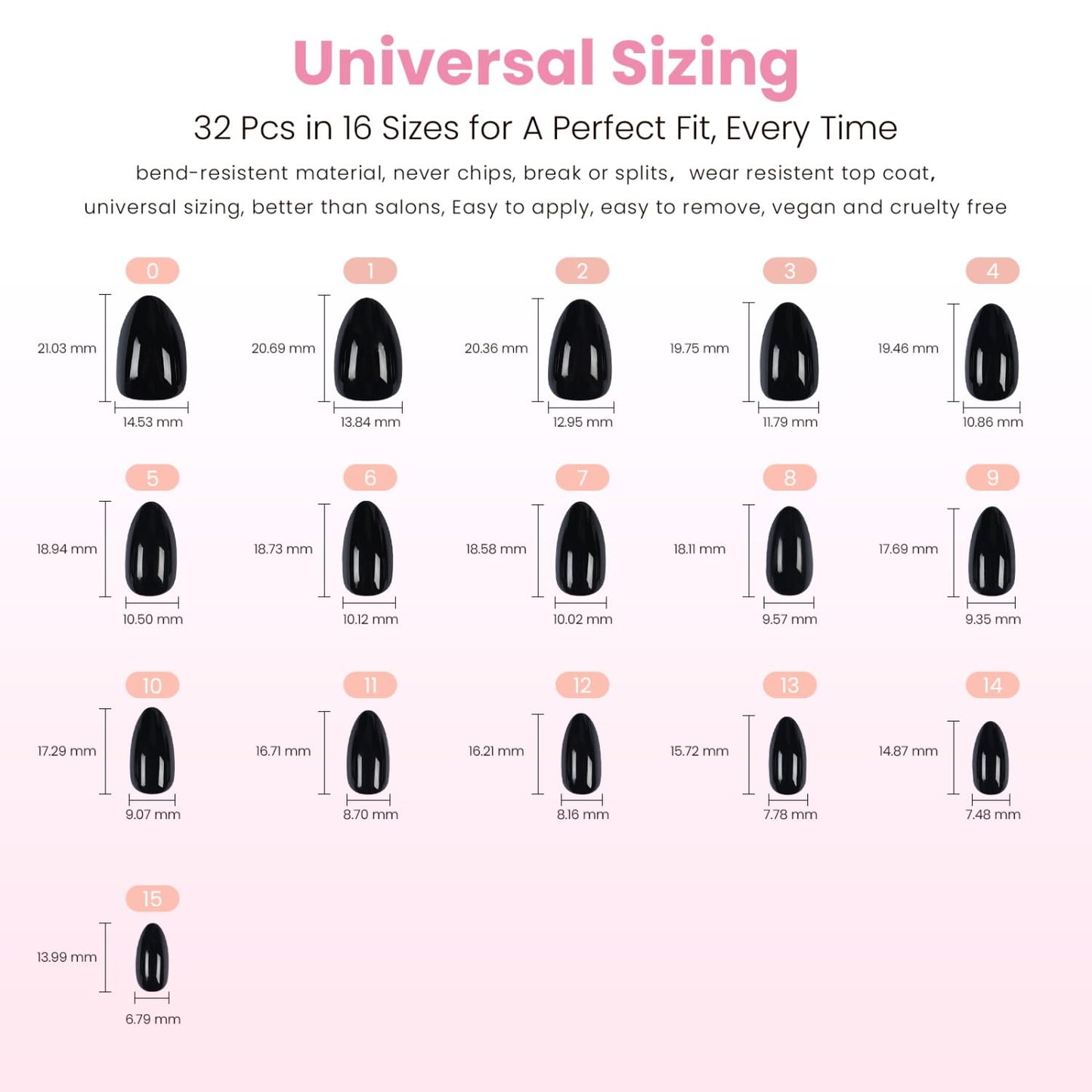 Nail Reformation Press On Nails, Classic Noir | Black Short Almond Fake Nails in Glossy Finish, Salon Quality, Natural Reusable Stick On Nails in 16 Sizes - 32 Nail Kit with Glue, Gifts for Women