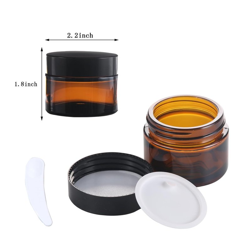 Amber Glass Jar Set - 2oz Travel Size Cosmetic Containers with Black Lid & Spatula | 4PCS Mini Beauty Jars