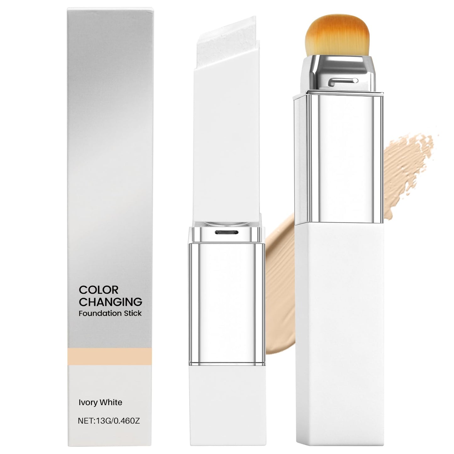 Color Changing Foundation Stick with Volufiline - Hydrating Concealer Base Makeup, Dual-Ended with Built-in Brush, Portable for Daily Use (Ivory White)