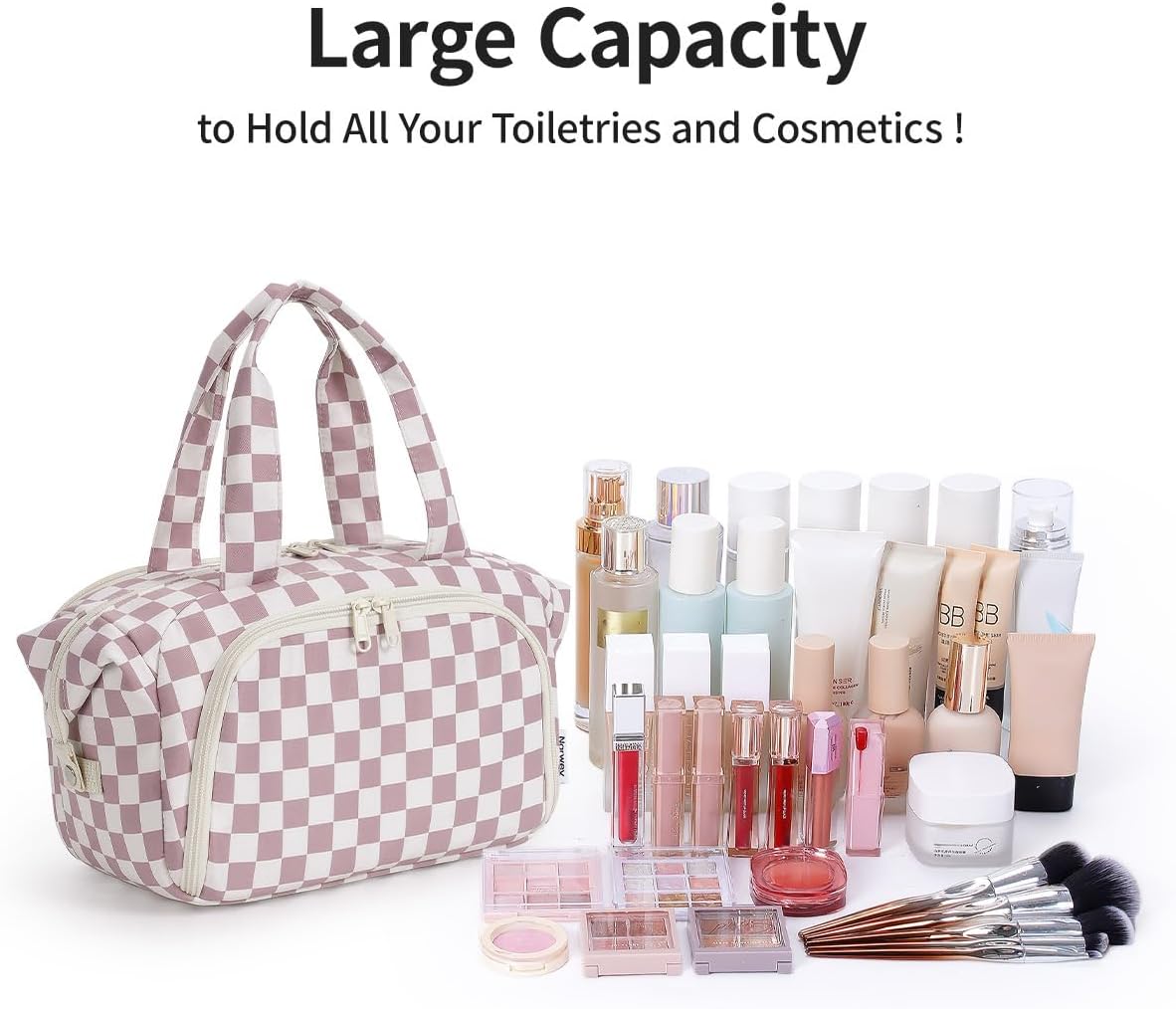 Travel Toiletry Bag for Women - Large Makeup Organizer with Handle | Wide Open Design, Wet Pocket - Dusty Pink Checker