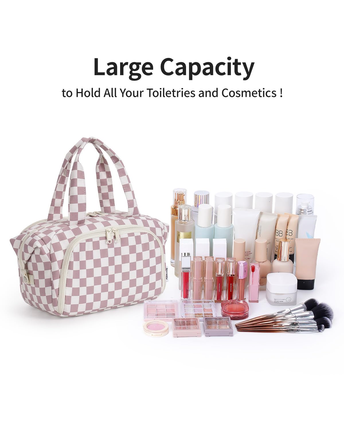 Narwey Travel Toiletry Bag for Women, Large Makeup Bag, Wide Open Cosmetic Make Up Organizer with Handle, Wet Pocket for Towel, Travel Bag for Toiletries, Brushes, Essentials (Dusty Pink Checker)