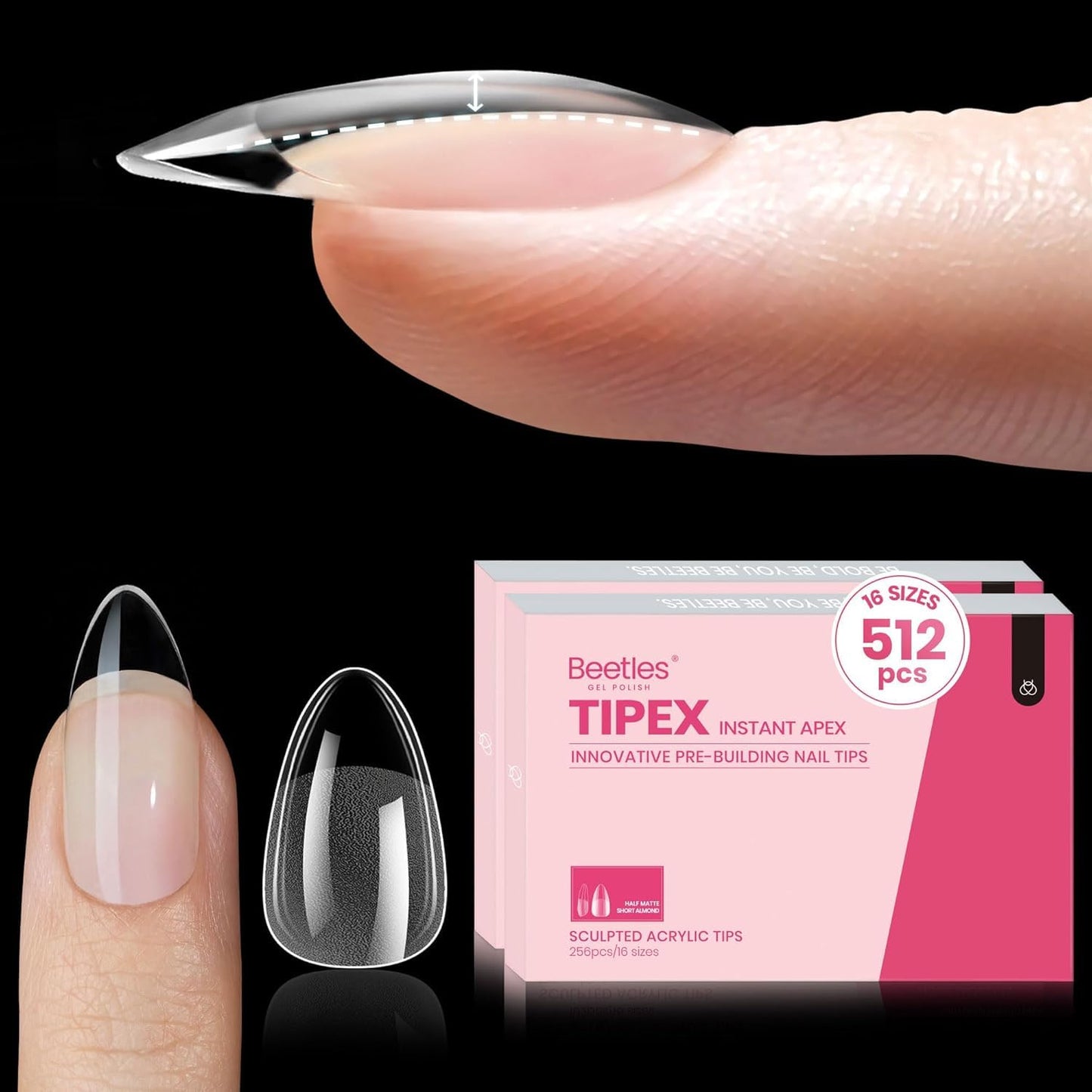 Beetles Tipex Instant Apex Nail Tips, Short Almond, 16 Sizes 00–14, 512pcs, No Builder Gel Required, Thicker Strong Acrylic Tips for DIY Salon-look Extensions