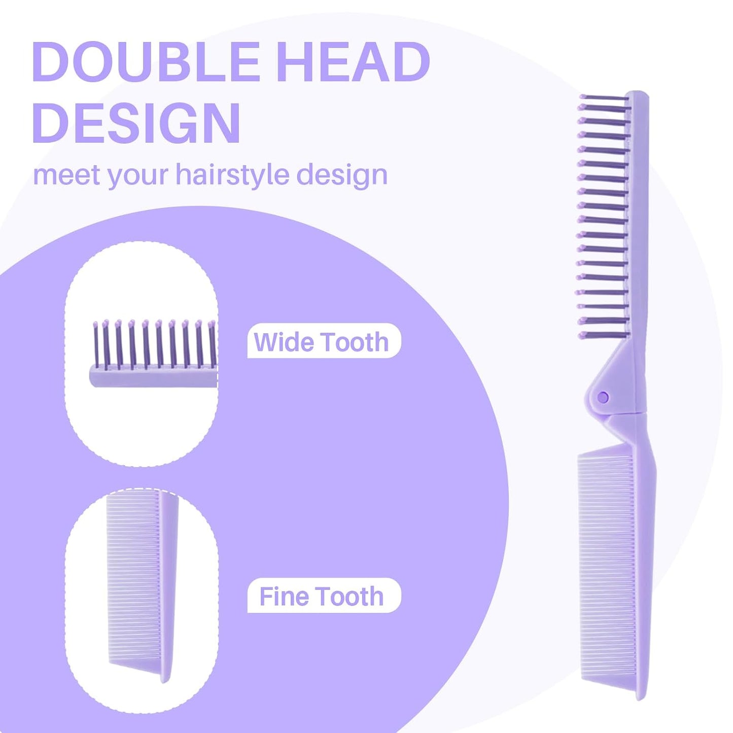 Double Head Folding Travel Hair Comb - Mini Pocket Detangling Brush for All Hair Types | Purple
