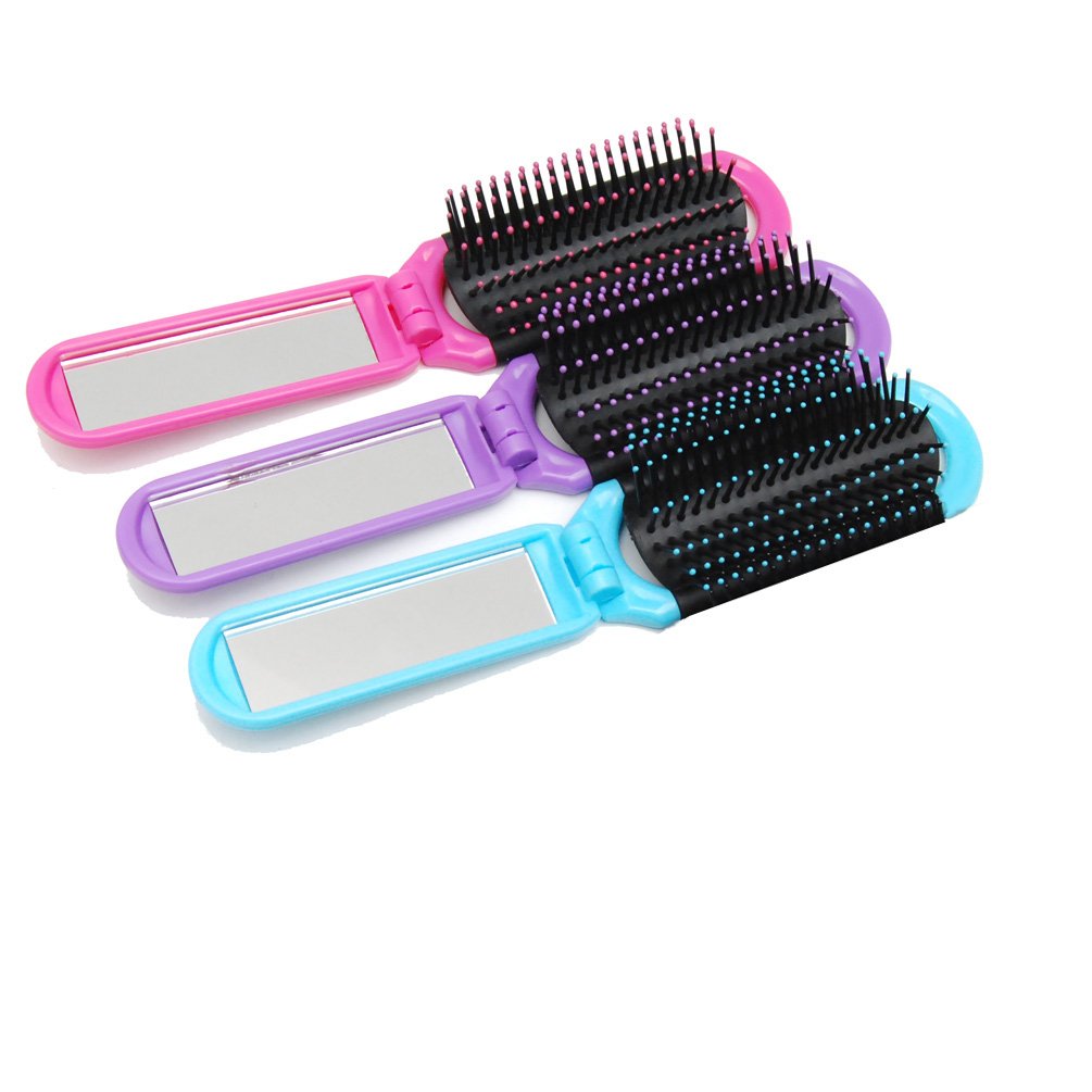 Mini Folding Mirror Detangler Hair Brush - 3 Pack | Portable Comb for Adults & Kids
