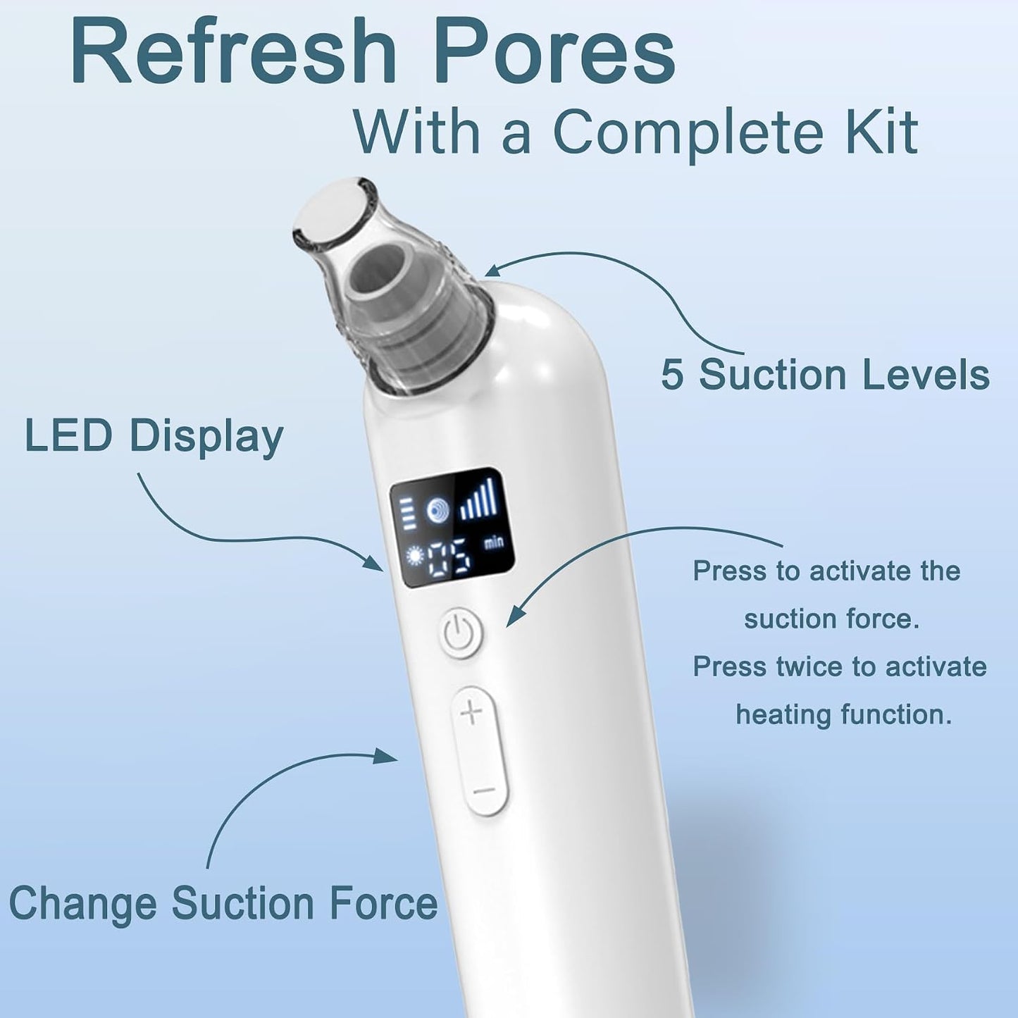 Blackhead Remover Vacuum - Rechargeable Pore Cleaner with Heat & Red Light | 5 Suction Levels, 6 Probes, LED Display