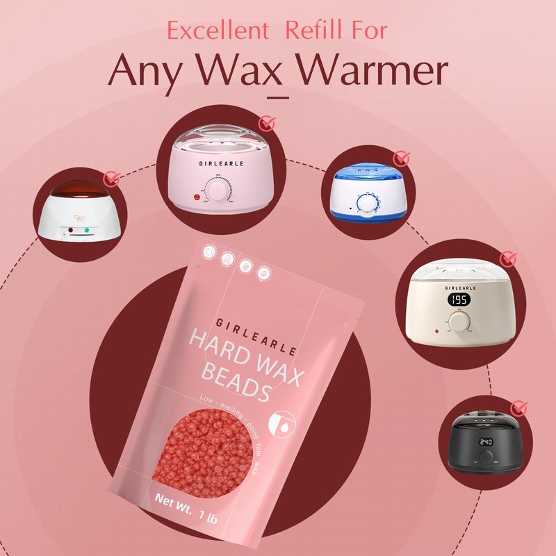 GIRLEARLE 1LB Hard Wax Beads for Hair Removal, Low Melt Hard Wax Beads with Red Rose Formula, Wax Beads for Brazilian Waxing & Sensitive Skin, Stripless Hard Wax for Bikini, Face & Body At-Home Waxing