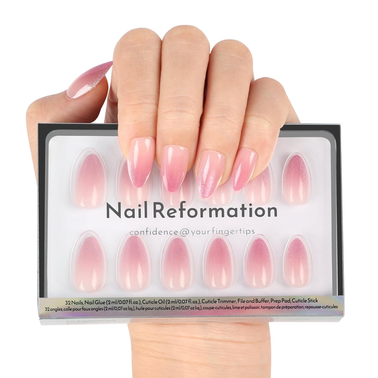 Press On Nails - Pink Quartz Cat Eye Velvet Short Almond | 32 Pcs in 16 Sizes, Reusable Stick-On Nail Kit for Salon Quality Manicures