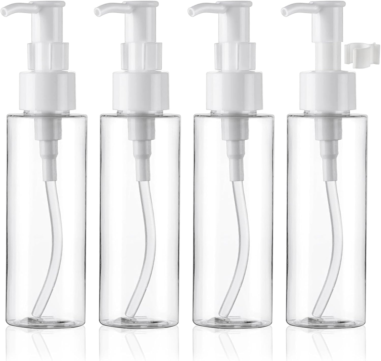Empty Plastic Pump Bottles - TSA Approved 3.4oz Refillable Dispenser | 4 Pack Clear Lotion Containers for Shampoo & Cleansing Oil