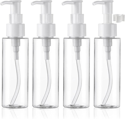 Empty Plastic Pump Bottles - TSA Approved 3.4oz Refillable Dispenser | 4 Pack Clear Lotion Containers for Shampoo & Cleansing Oil
