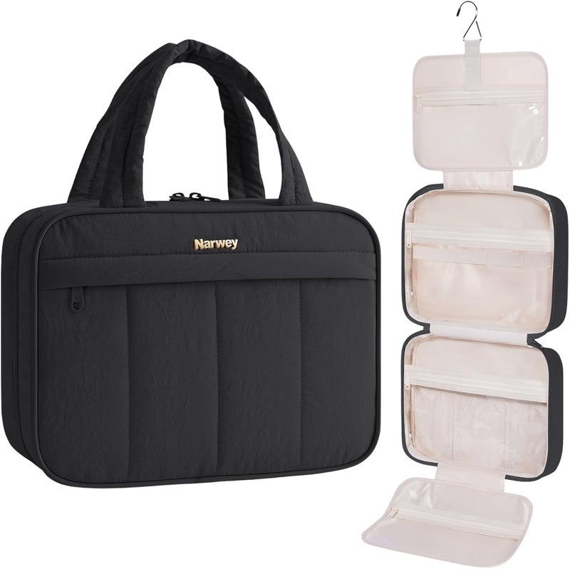 Hanging Travel Toiletry Bag for Women - Quilted Makeup Organizer | Portable Black Bathroom Bag for Essentials & Cosmetics