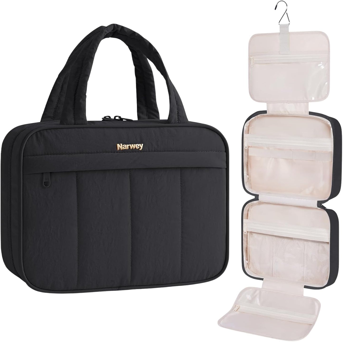 Hanging Travel Toiletry Bag for Women - Quilted Makeup Organizer with Handle | Portable Black Bathroom Bag