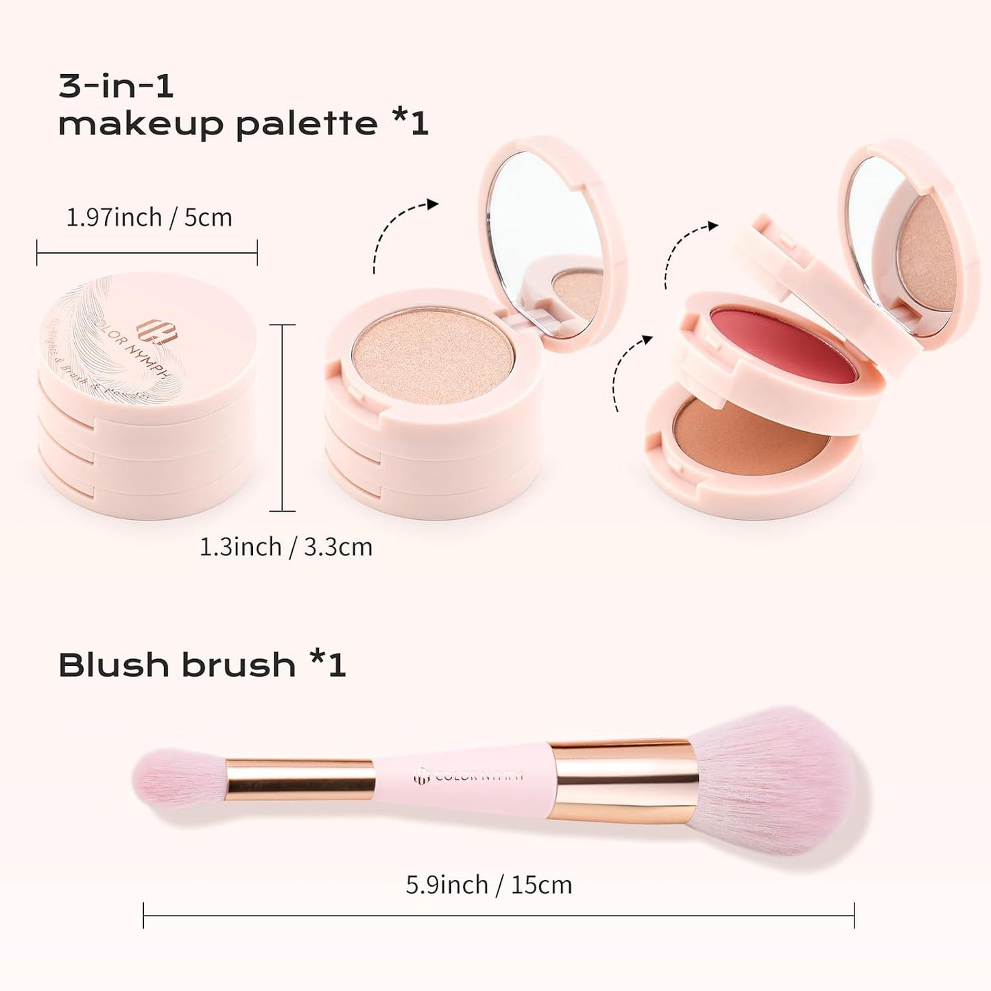 Contour Blush Highlighter Makeup Palette - 3 Colors, Shimmer & Matte Finish | Travel-Friendly Kit with Brush & Mirror