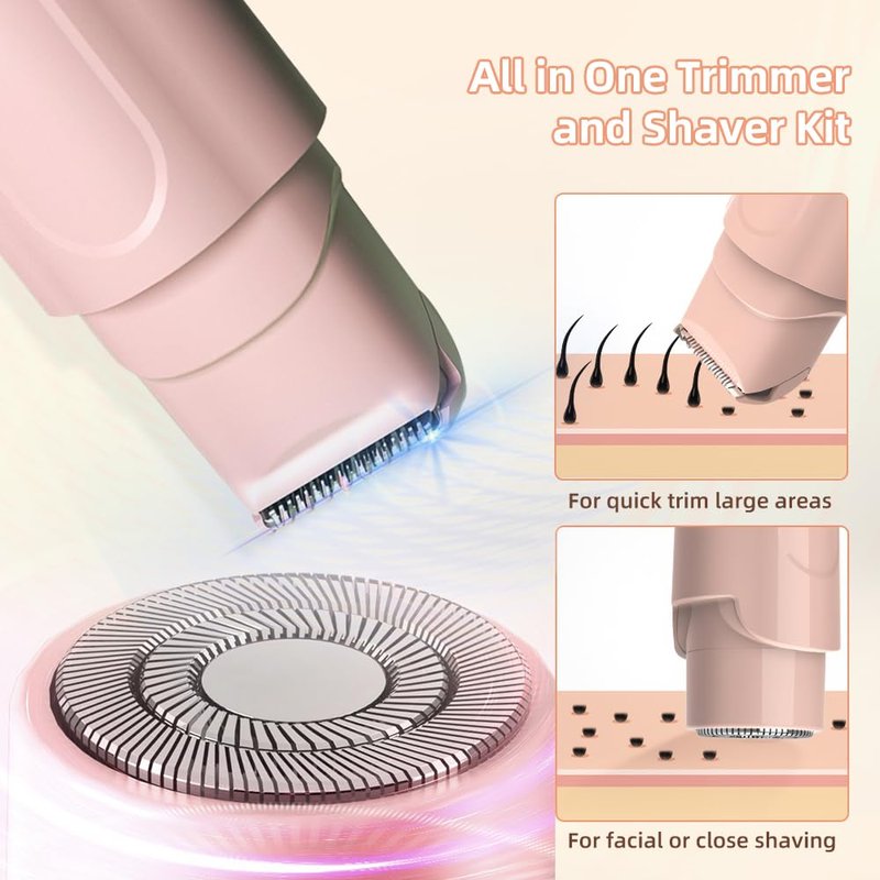 2 in 1 Women's Electric Shaver, Dual Head Bikini Hair Trimmer, IPX6 Waterproof, Wet & Dry, Bikini Underarm Leg Arm Body Facial Epilator. (Pink)