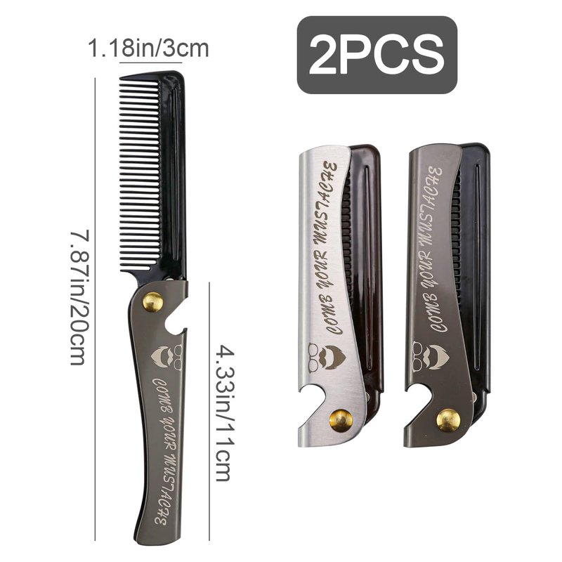 Foldable Stainless Steel 2 in 1 Pocket Comb and Bottle Opener - Folding Beard Comb for Men, 2 Pack