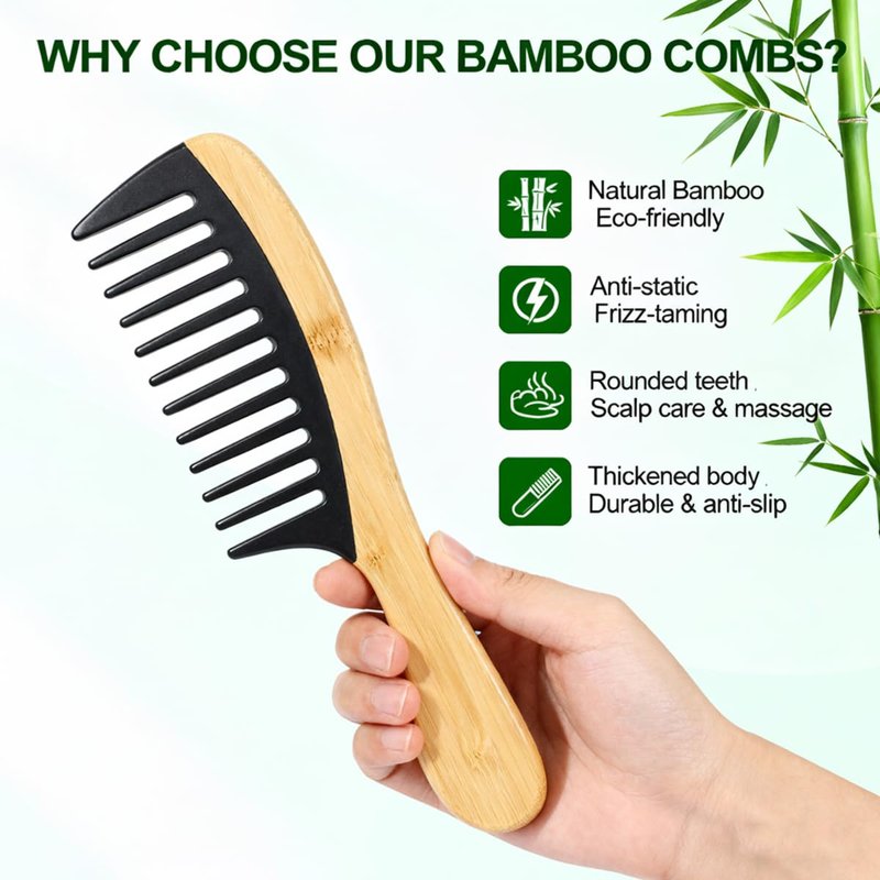 2PCS Natural Handmade Bamboo Hair Combs for Women Men, Anti-Static for All Hairstyles & Beard