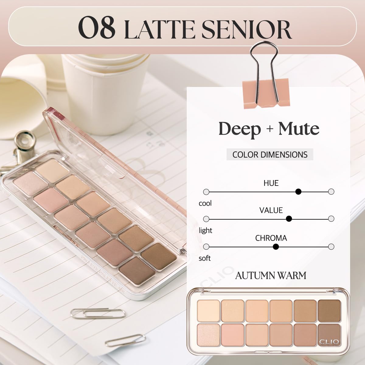 CLIO Pro Eye Palette Air, 12-Color Eye Shadow Palette, Matte Shimmer Mix, Air-Fit Blendable Pigmented Buildable Color, Low Fallout, Warm Brown Nude Neutral Tone, Daily Korean Makeup (08 LATTE SENIOR)