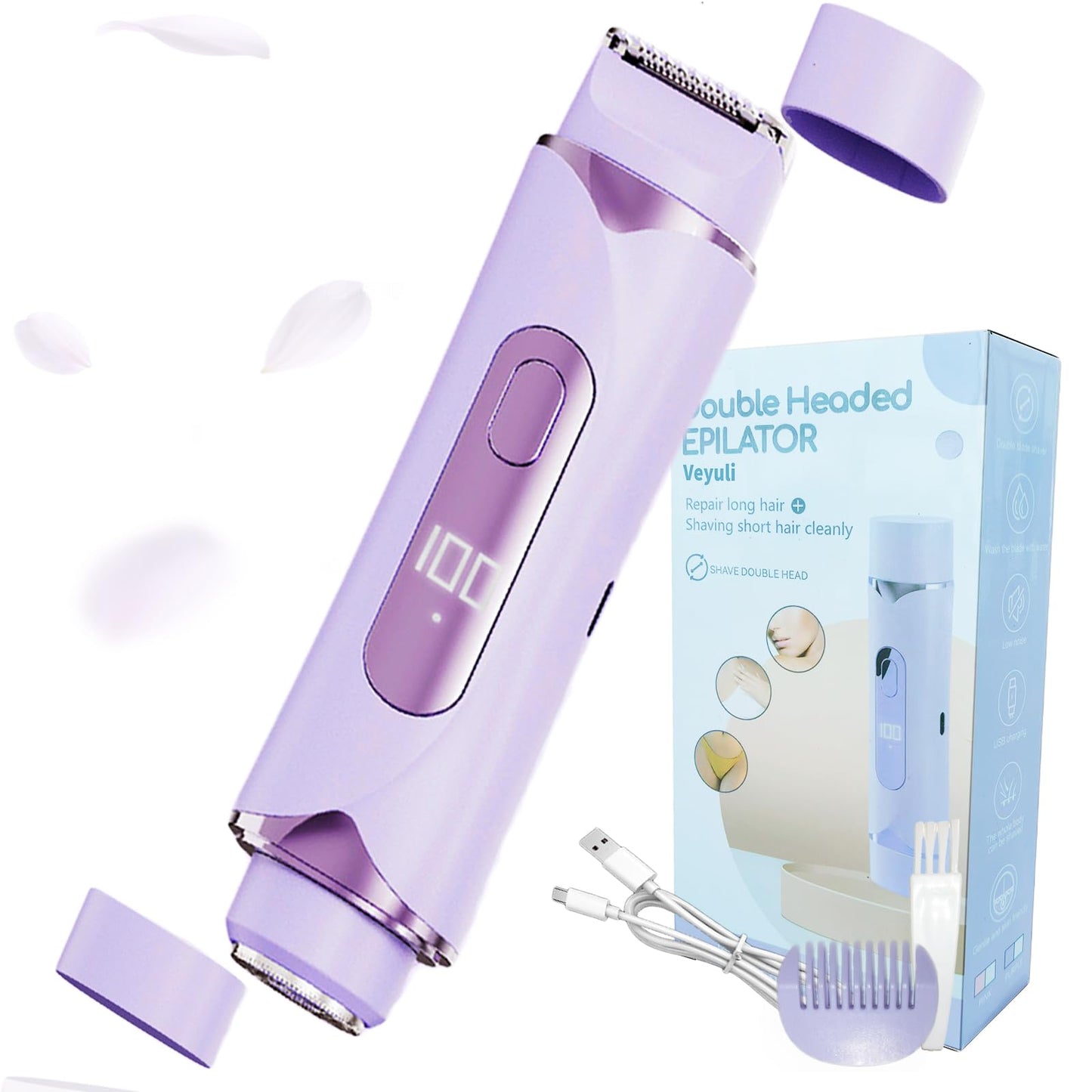 Veyuli Bikini Trimmer for Women & Body Shaver | Dual Head Electric Razor for Pubic Hair with Multi-Guard Protection | Rechargeable with Display Smooth Trimming for Bikini, Face, Legs, Underarms, Arms