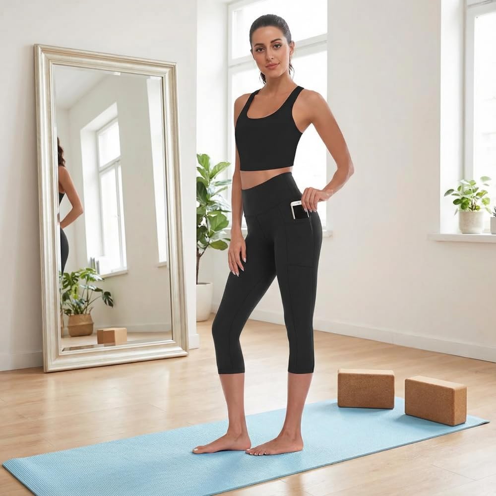 High Waist Yoga Pants Capri Leggings with Pockets, Tummy Control Workout Running Yoga Leggings for Women Black