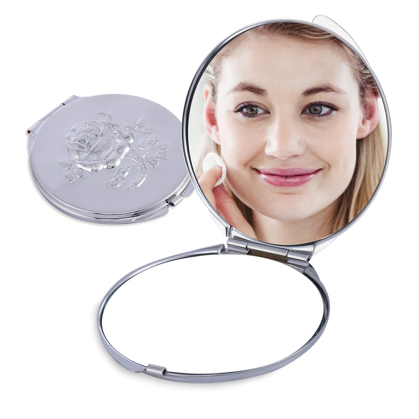 Goshentech Retro Metal Travel Portable Mirror Compact Mirror Make up Mirror 1x/2x Magnification Compact &Portable Foldable (Silver)