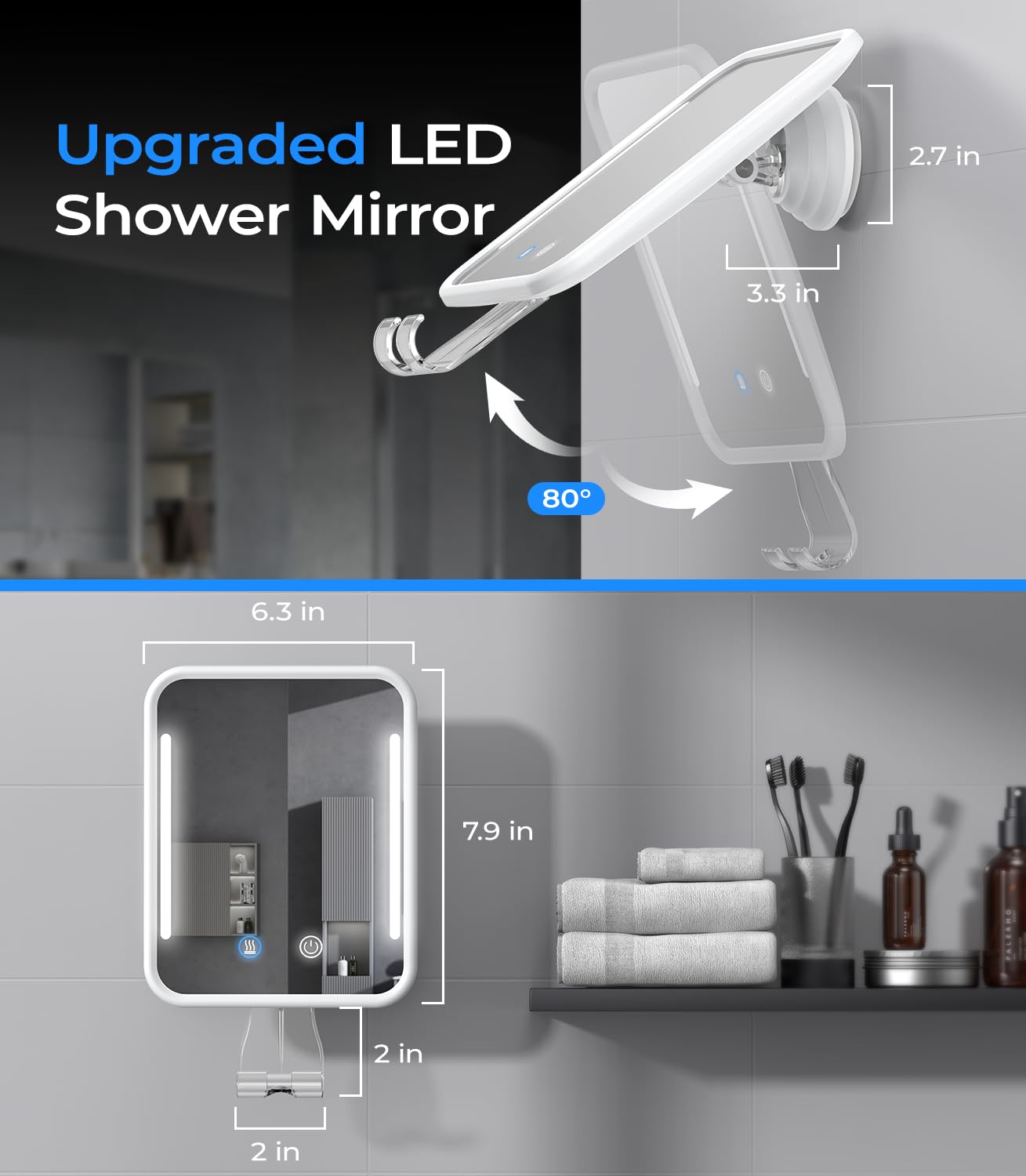 Gospire Heated Shower Mirror Fogless for Shaving with Light, 5000mAh Rechargeable Battery, Detachable Suction Cup and Razor Holder for Wall, NO-Drilling, Removable, Waterproof for Bathroom - White
