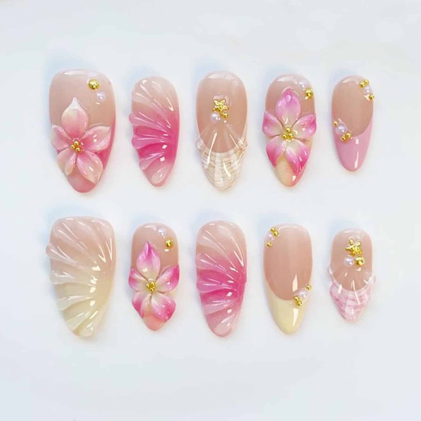 Almond Press-On Nails - White French Tip with 3D Gold Bow | Reusable Acrylic Full Cover, 24 Pcs