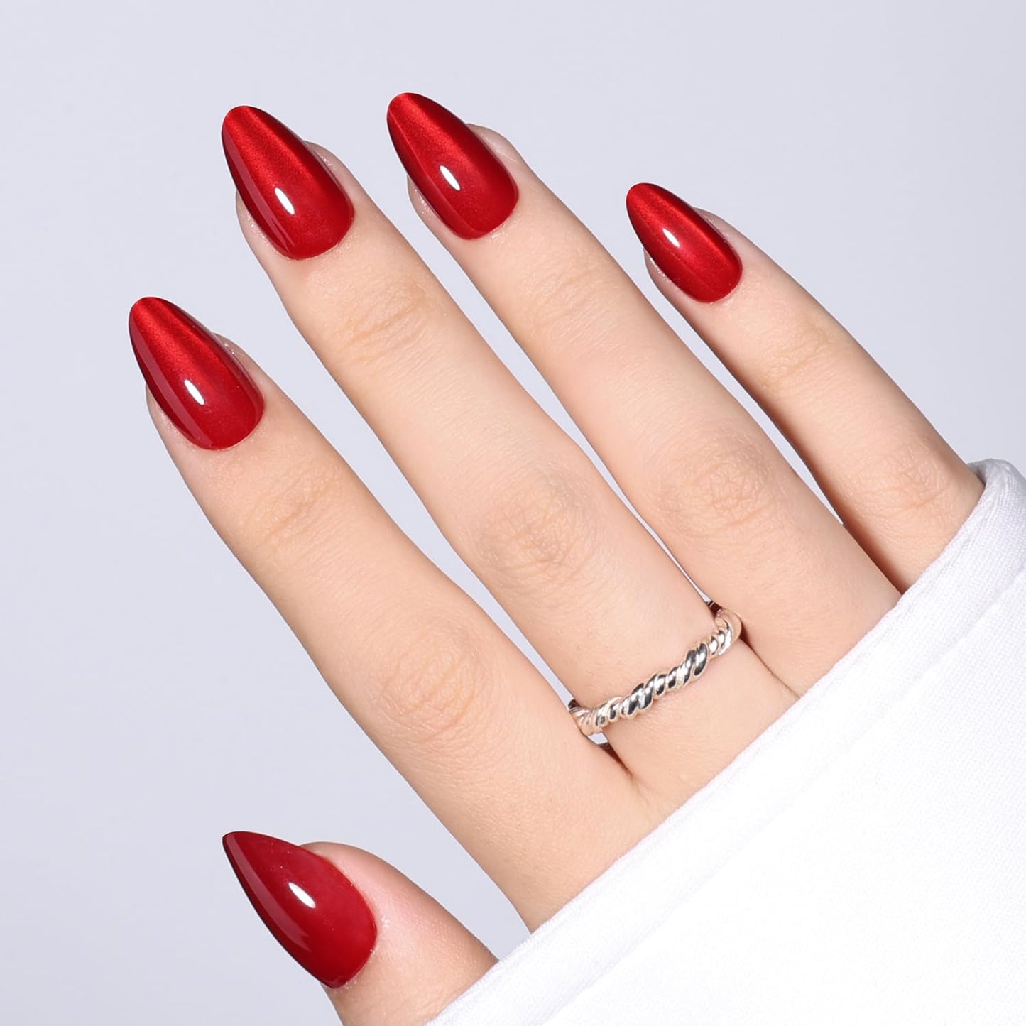 Red Cat Eye Press On Nails - Almond Short Reusable Fake Nails | 32pcs in 16 Sizes, Garnet Color