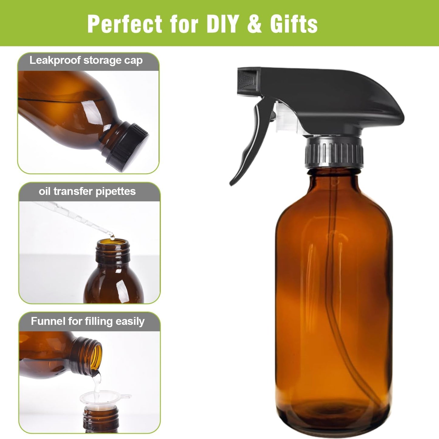 Amber Glass Spray Bottles - 8OZ Refillable Essential Oil & Cleaning Solution Sprayers | 2 Pack with Fine Mist Nozzle