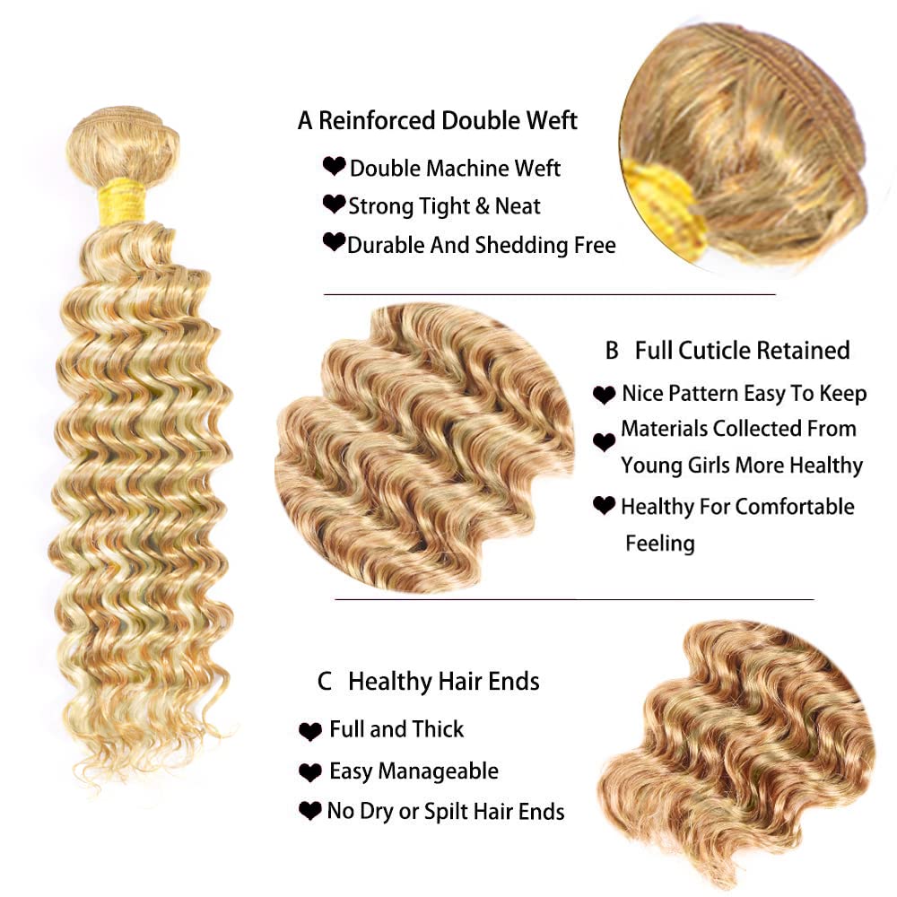 Honey Blonde Bundles 613 Deep Wave Bundles Human Hair Blonde Bundle 16 18 20 inch Two Tone 613 and 27 Bundle 300g