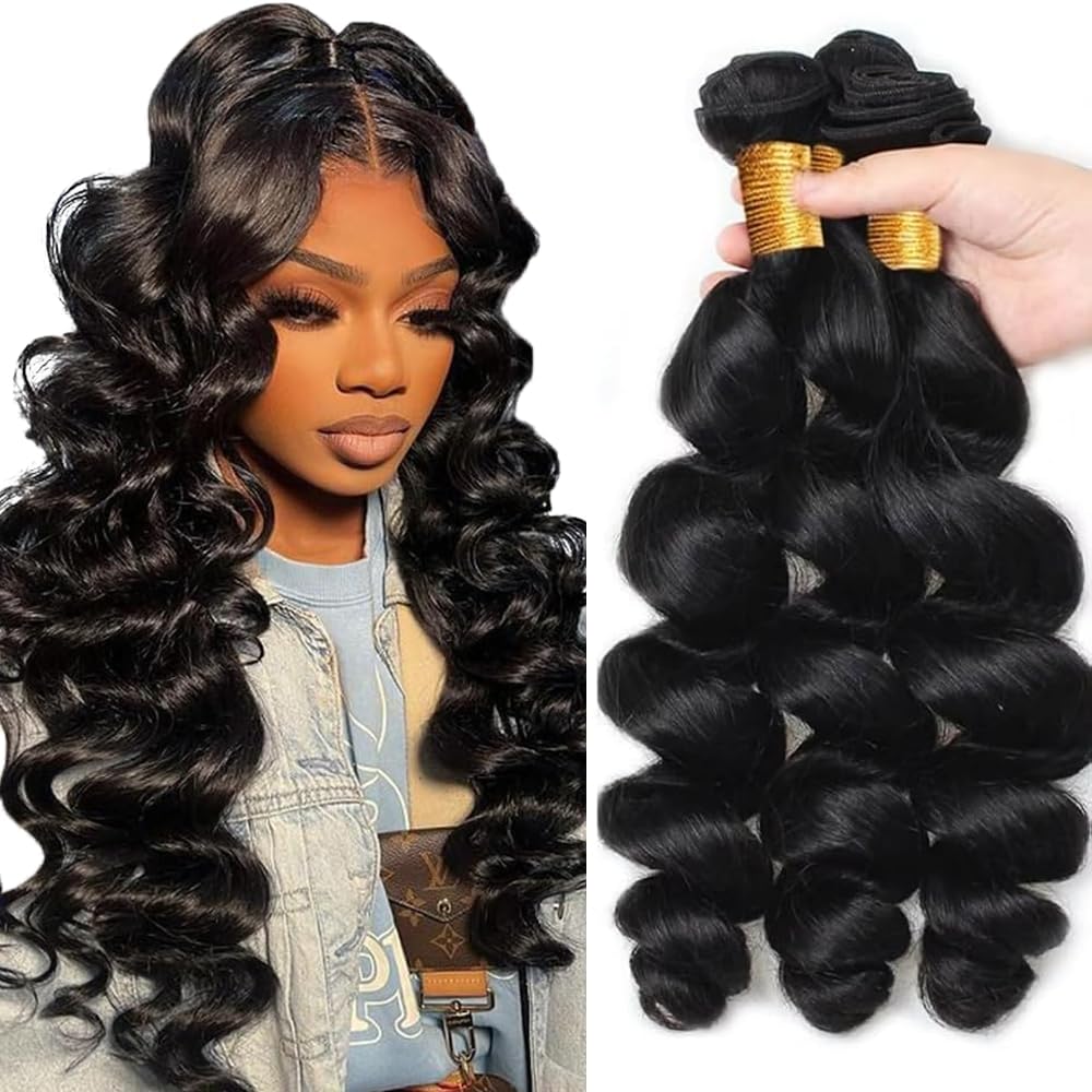 30 30 30 Inch Loose Wave Bundles Human Hair 3 Bundles 50 Gram Per Bundle #1B Natural Black Color Loose Deep Wave Bundle Unprocessed Brazilian Virgin Weave Hair Extensions
