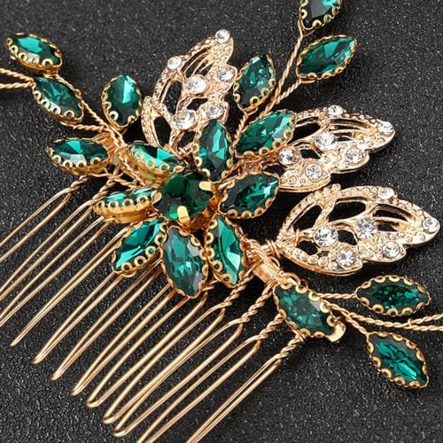 Auswalar Bridal Hair Comb 9 Green Gold Crystal Wedding Side Hair Clip for Bride