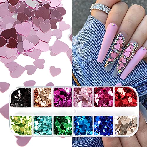 Valentine's Day Heart Glitter Sequins for Nail Art - 12 Color Holographic Flakes
