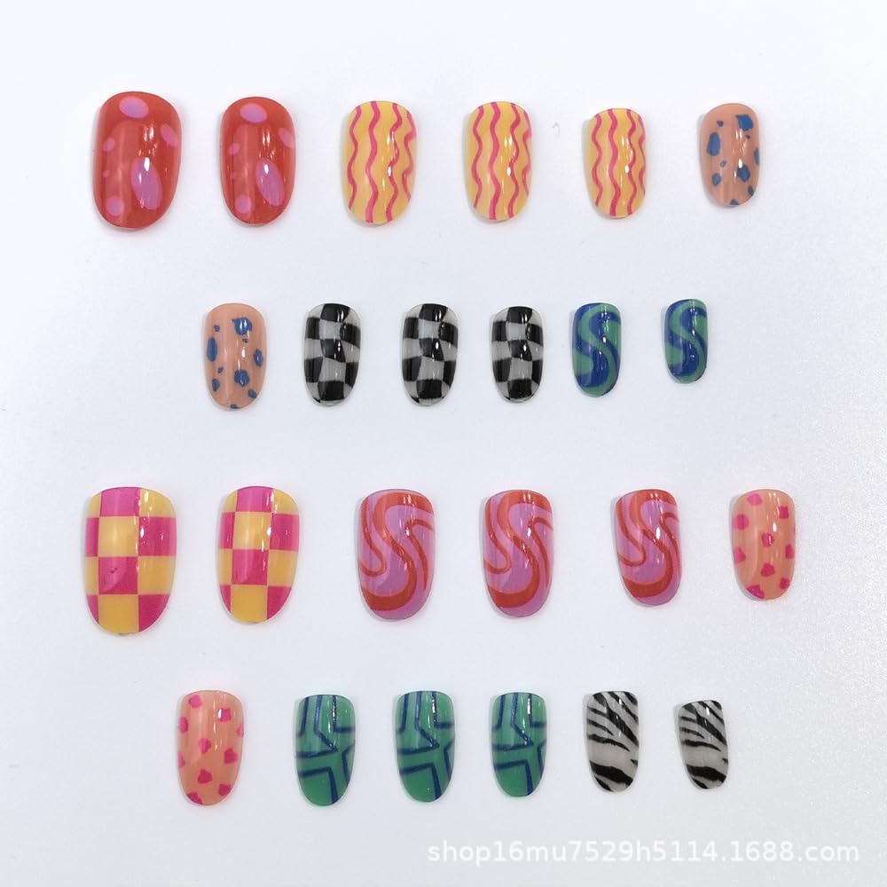 Colorful Press-On Nails - Almond Shaped Acrylic with Checkered Striped Design | 24 Pcs Summer Glossy Full Cover