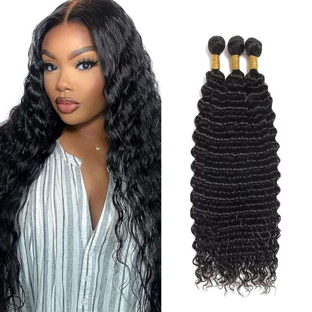 #1B Human Hair Bundles Deep Wave Bundles 28 30 32 inch Natural Black Color Deep Wave Human Hair Bundle Wet and Wavy Bundle 150g