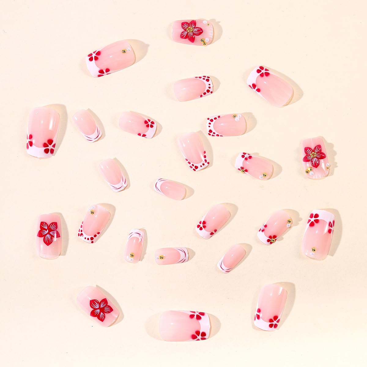 Press On Nails - Pink Flower Medium Square French Tip with 3D Floral Design | 24 Pcs Full Cover Acrylic Nails