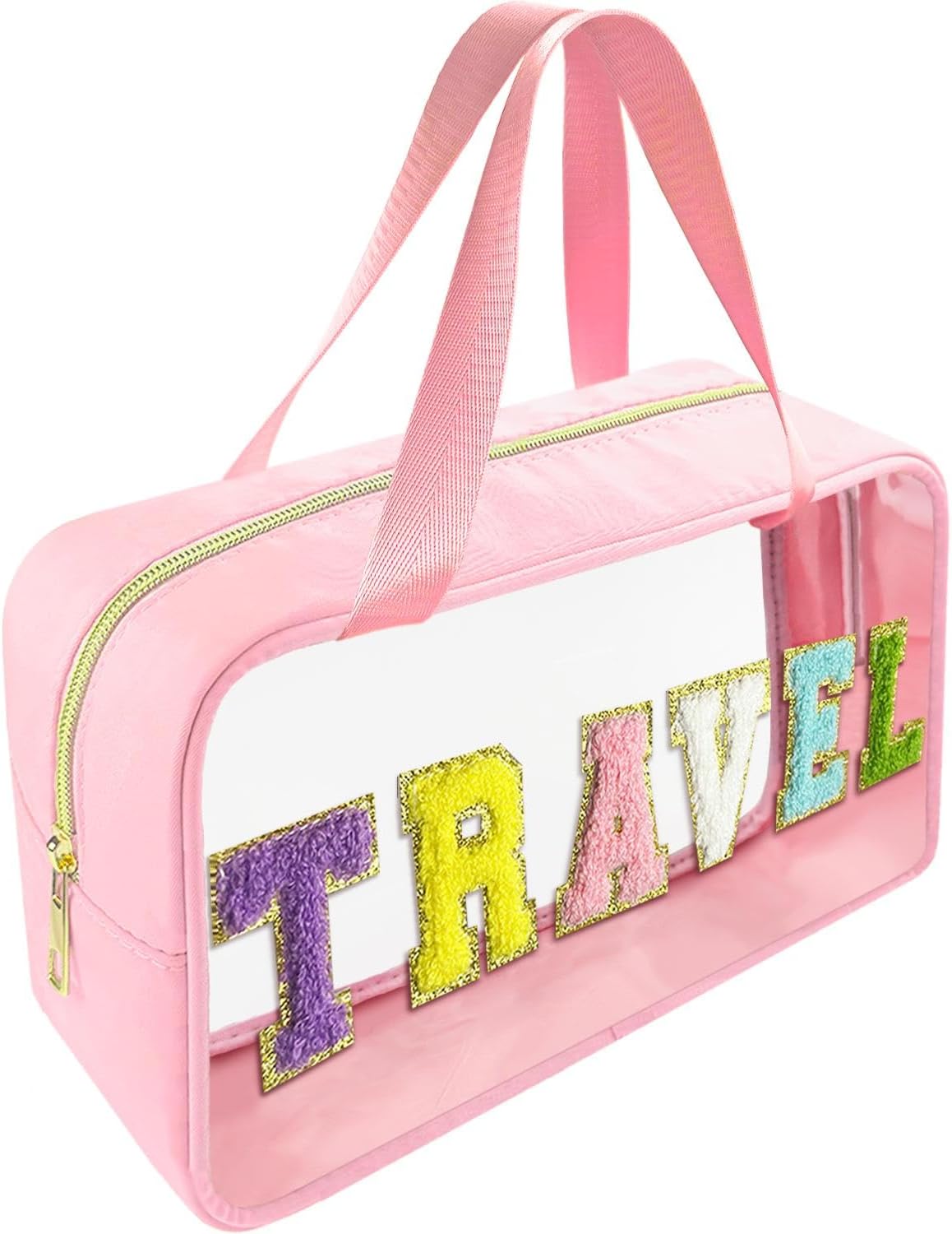 Chenille Letter Clear Makeup Bag - Waterproof Travel Toiletry Bag with Handle | Preppy Dance Patch Design (Black)