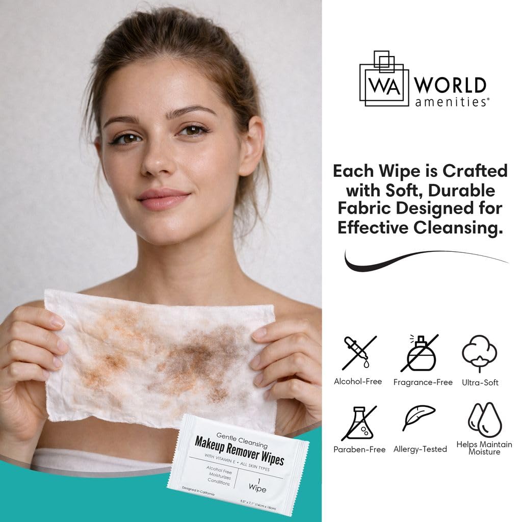 Makeup Remover Wipes - Alcohol-Free Vitamin E Facial Cleansing Wipes for Sensitive Skin | 50 Individually Wrapped Travel-Friendly Wipes