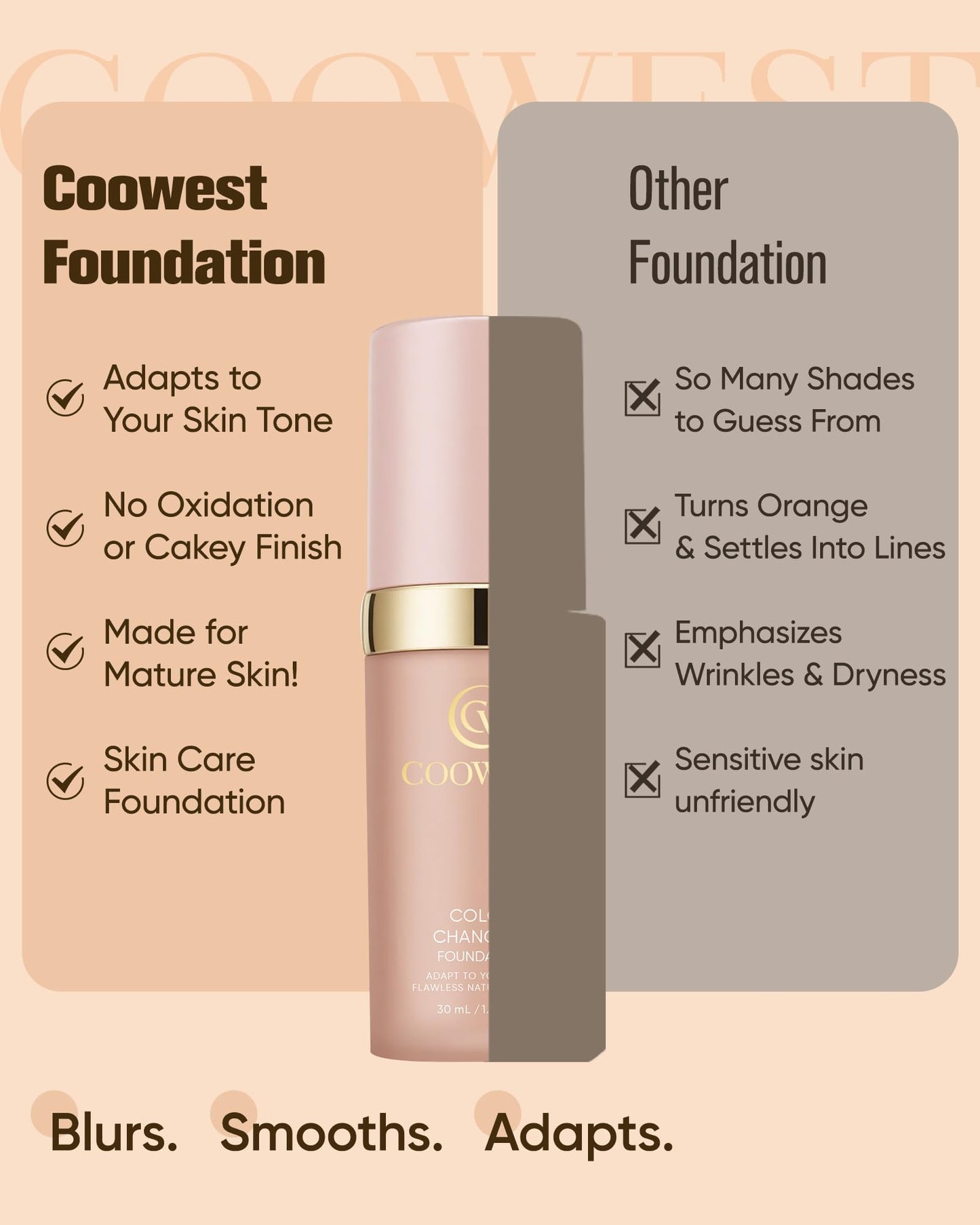 COOWEST Color Changing Foundation for Mature Skin, 4-in-1 Light to Medium Shade-Adapting Skin Tint, Lightweight Hydrating Coverage Liquid Foundation Makeup, Smooth & Blur Finish, 30ml
