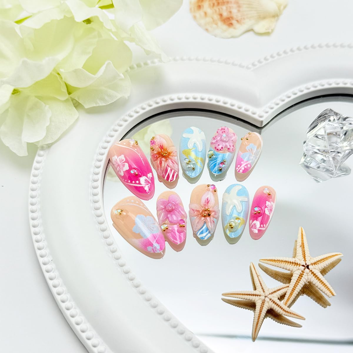 Press On Nails - 30Pcs Medium Almond French Tip with Cute Flower & 3D Pearl Designs | Reusable Pink Blue Acrylic