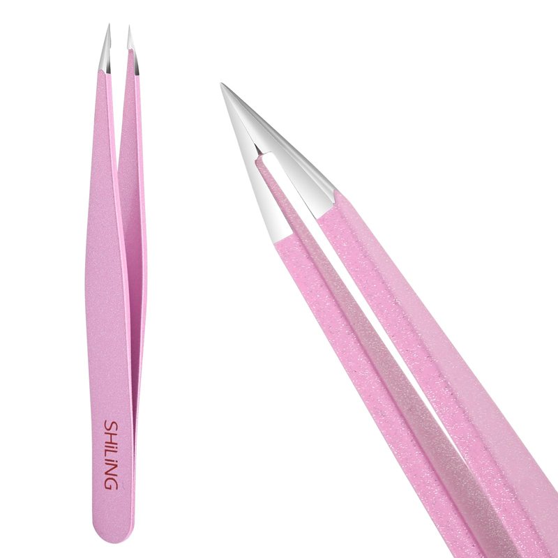 SHILING Professional Precision Tweezers, Stainless Steel Pointed Tip, 0.1mm Ultra-Thin, Pink, Eyebrow and Facial Hair Removal, personal care and makeup tools