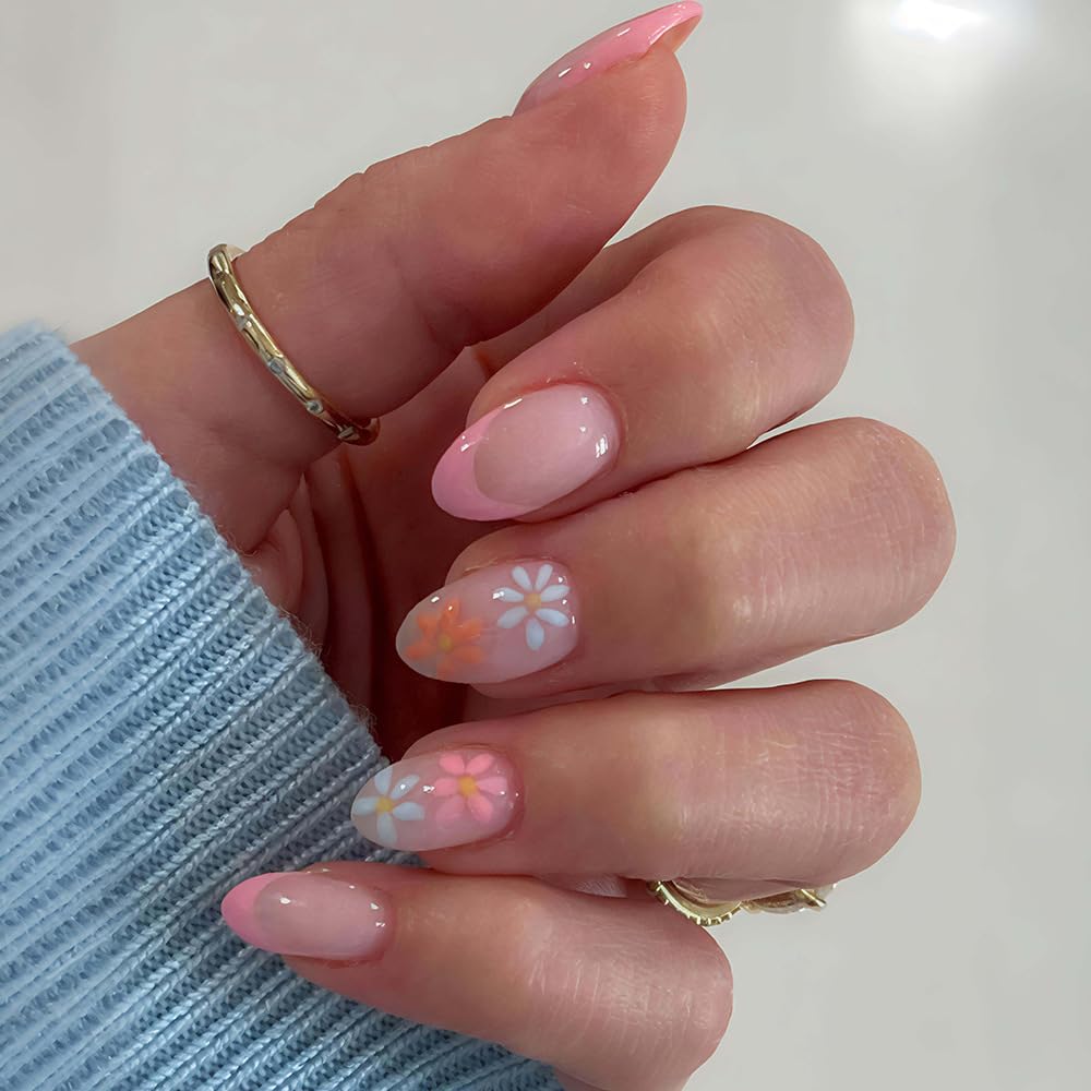 Summer Press-On Nails - Short Square Fake Nails with Sunset Coconut Trees Design | 24 Pcs Glossy Blue French Tips, Reusable Manicure
