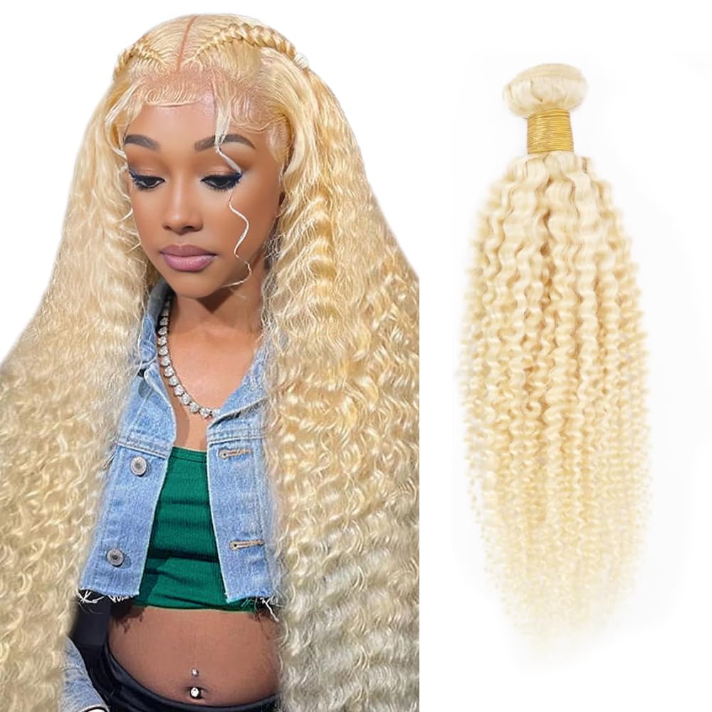 34 inch AuokMar 613 Curly Bundles Human Hair Blonde Kinky Curly 1 Bundles Double Weft 613 Blonde Human Hair Bundle for Women 110g