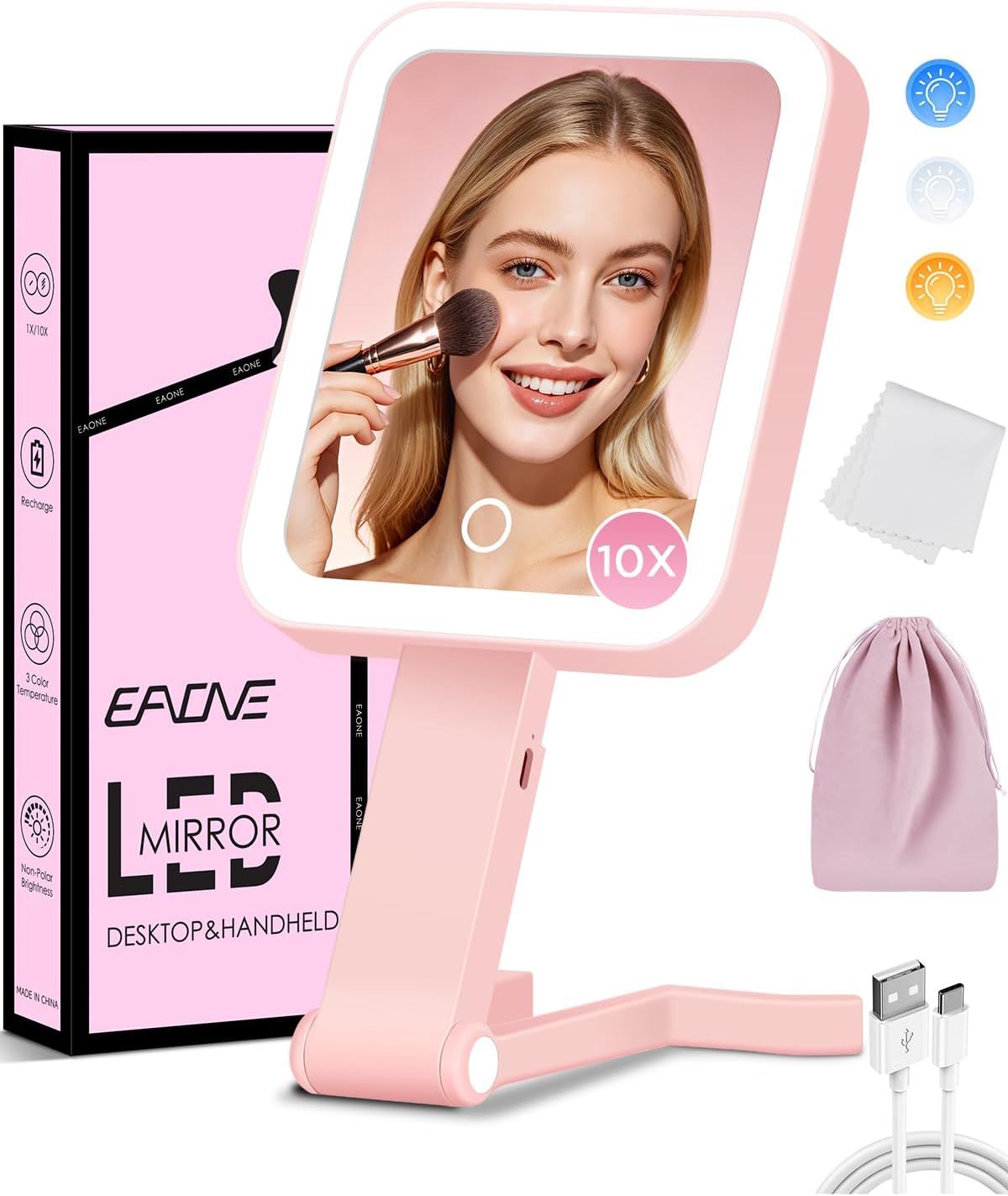 Magnifying Makeup Mirror with LED Light - Double-Sided 10X/1X | Dimmable Touch Screen & Storage Bag - Pink (10.3 x 5.2 IN)