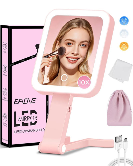 EAONE Magnifying Mirror with LED Light, Double Sided Travel Makeup Mirror 10X/1X with Storage Bag, 3 Color Lighting & Dimmable Touch Screen for Trip, Desk, Bathroom (10.3 x 5.2IN)- Pink