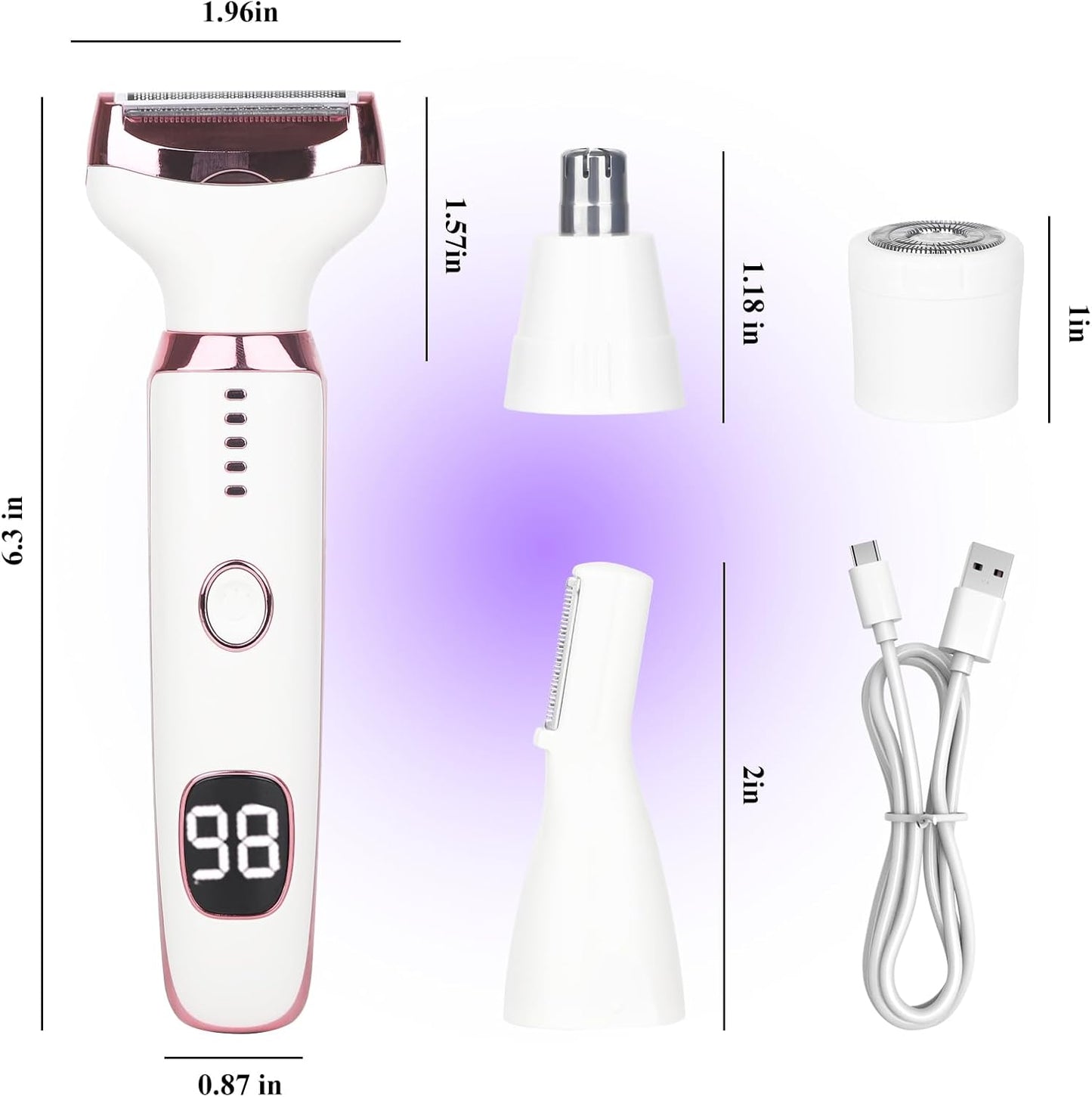 Electric Razor for Women & Men - 4-in-1 Rechargeable Shaver with LED Display | Painless Hair Removal for Face, Body, Legs, Bikini (White)