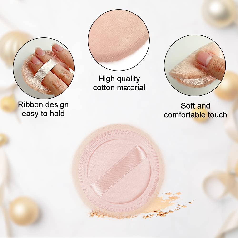 Powder Puff Cotton Makeup Pads - 10pcs Cosmetic Face Puffs with Ribbon | 2.36 Inch Beige