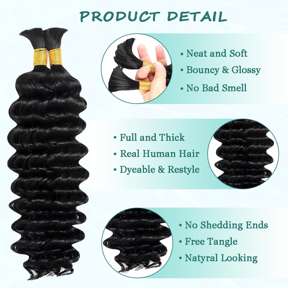 Human Braiding Hair for Boho Braids Deep Wave Bundles Human Hair 22 22 Inch 2 Bundles Natural Black Curly Braiding Hair for Boho Braids