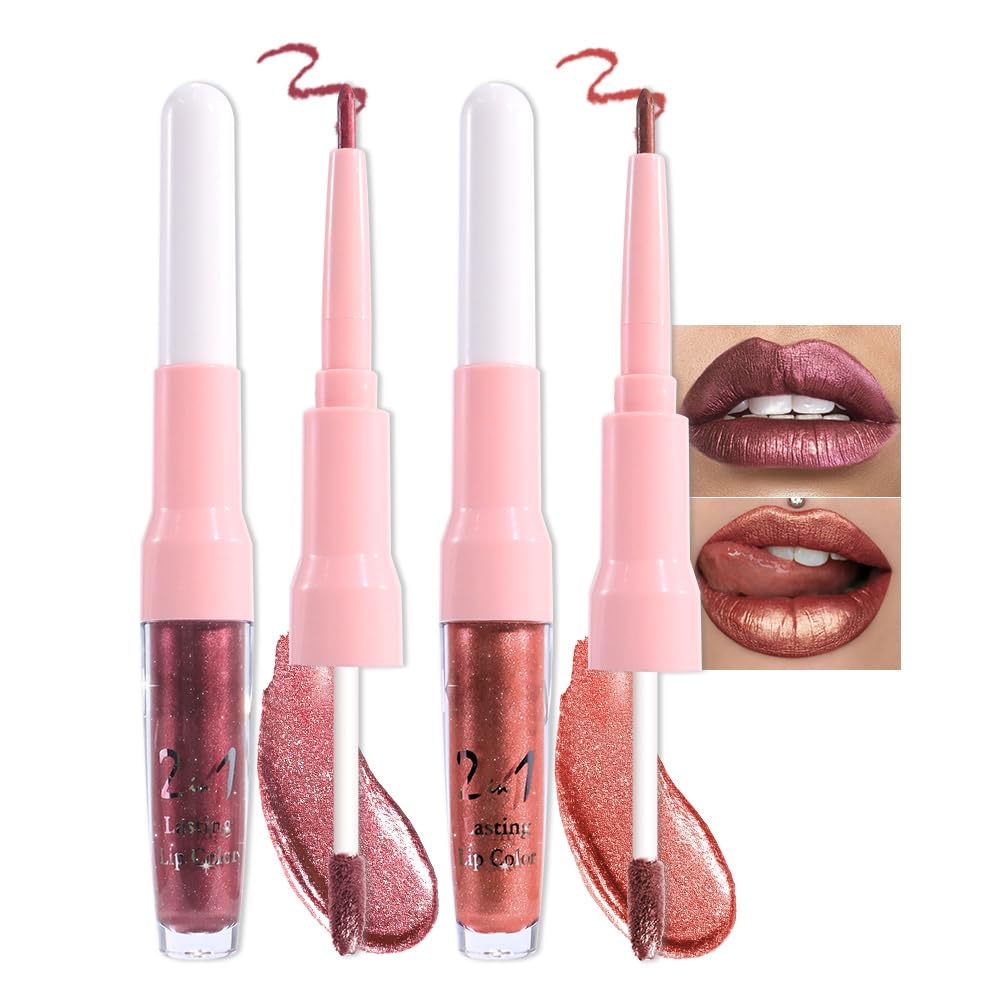 Dark Purple Red Metallic Glitter Lip Liner & Lipstick Combo - Long Lasting Waterproof Liquid Lipstick Set for Women | Iridescent Shine, Non-Stick Cup